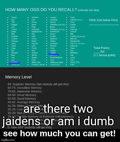 passes out from breathign | are there two jaidens or am i dumb | image tagged in ultimate og test | made w/ Imgflip meme maker