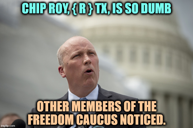 "How dumb is he?" | CHIP ROY, { R } TX, IS SO DUMB; OTHER MEMBERS OF THE FREEDOM CAUCUS NOTICED. | image tagged in chip roy,congress,texas,dumb,freedom caucus,maga | made w/ Imgflip meme maker