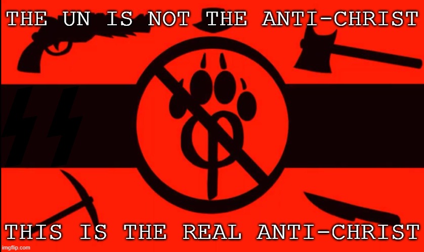 Eroican Pro-Fandom Propaganda "The UN Is Not The Anti-Christ" | THE UN IS NOT THE ANTI-CHRIST; THIS IS THE REAL ANTI-CHRIST | image tagged in totalitarian mepshit flag,pro-fandom,vs,anti-fandom/anti-furry,total war,hell | made w/ Imgflip meme maker