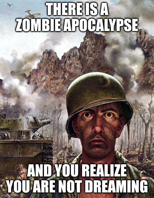 what if | THERE IS A ZOMBIE APOCALYPSE; AND YOU REALIZE YOU ARE NOT DREAMING | image tagged in 1000 yard stare | made w/ Imgflip meme maker