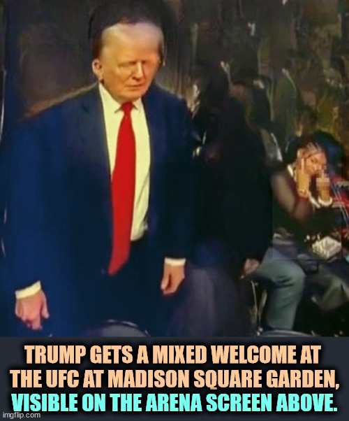Sometimes you just can't go home again. | TRUMP GETS A MIXED WELCOME AT 
THE UFC AT MADISON SQUARE GARDEN, VISIBLE ON THE ARENA SCREEN ABOVE. | image tagged in trump,finger,fights,new york,arena | made w/ Imgflip meme maker
