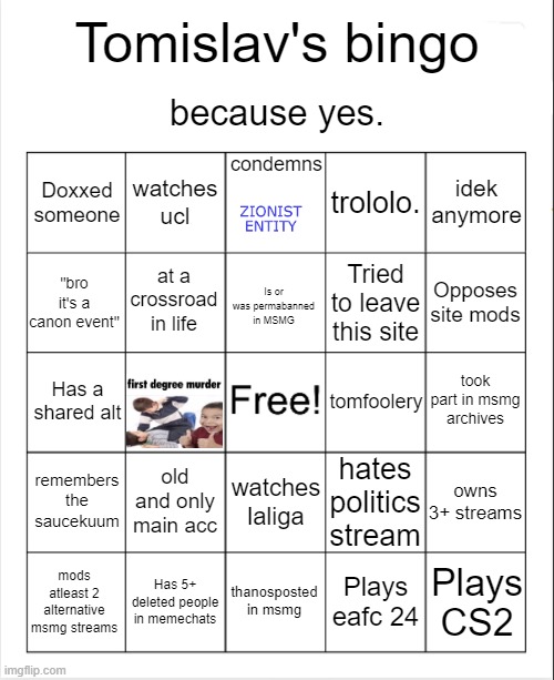 mod note: a | image tagged in tomislav's bingo | made w/ Imgflip meme maker