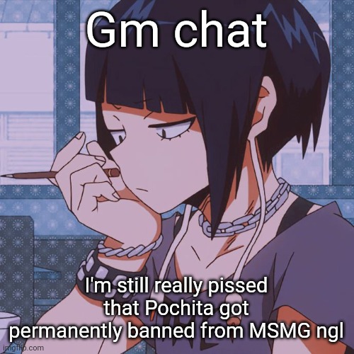 Kyoka Jiro | Gm chat; I'm still really pissed that Pochita got permanently banned from MSMG ngl | image tagged in kyoka jiro | made w/ Imgflip meme maker