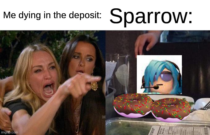Woman Yelling At Cat Meme | Me dying in the deposit:; Sparrow: | image tagged in memes,woman yelling at cat | made w/ Imgflip meme maker