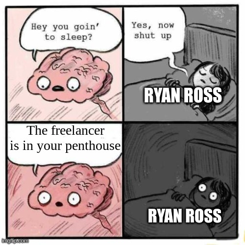 Hey you going to sleep? | RYAN ROSS; The freelancer is in your penthouse; RYAN ROSS | image tagged in hey you going to sleep | made w/ Imgflip meme maker