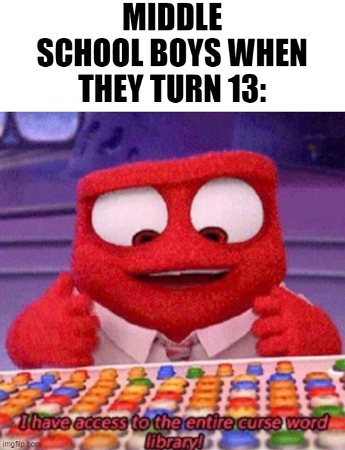 Too true to be true | MIDDLE SCHOOL BOYS WHEN THEY TURN 13: | image tagged in i have access to the entire curse world library,memes,school,annoying people,middle school | made w/ Imgflip meme maker
