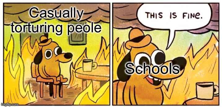 This Is Fine | Casually torturing peole; Schools | image tagged in memes,this is fine | made w/ Imgflip meme maker