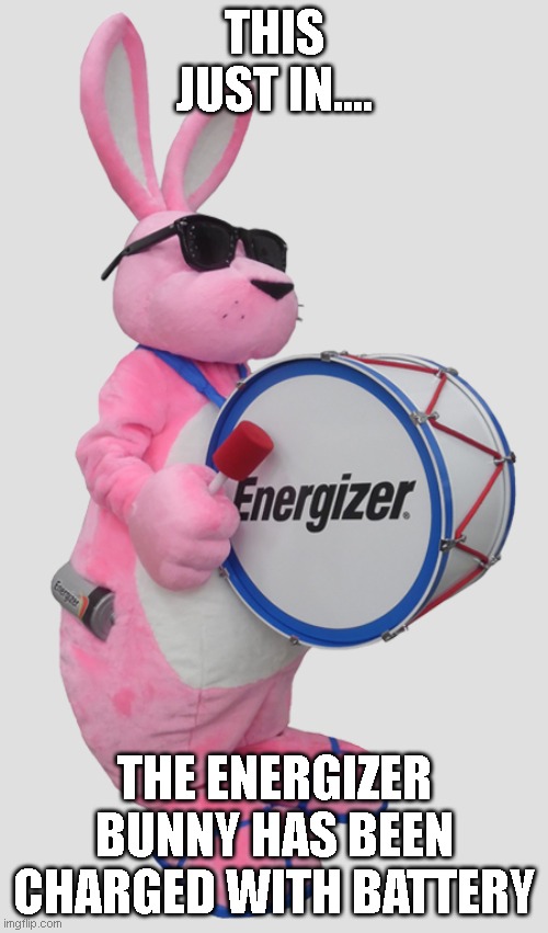 THIS JUST IN.... THE ENERGIZER BUNNY HAS BEEN CHARGED WITH BATTERY | image tagged in funny memes,bad puns | made w/ Imgflip meme maker