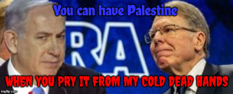 Palestine | You can have Palestine; WHEN YOU PRY IT FROM MY COLD DEAD HANDS | image tagged in palestine,gaza,israel,war criminal,nra,trump | made w/ Imgflip meme maker