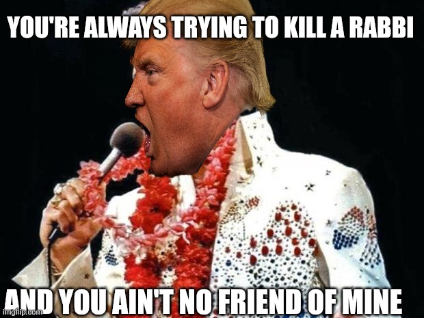 elvis1 | YOU'RE ALWAYS TRYING TO KILL A RABBI AND YOU AIN'T NO FRIEND OF MINE | image tagged in elvis1 | made w/ Imgflip meme maker