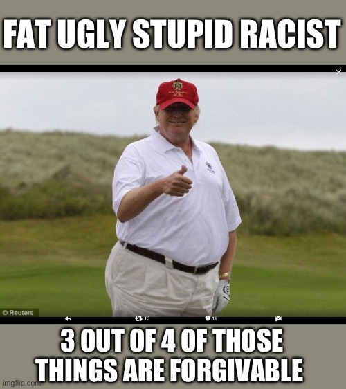Fat Donald Trump | FAT UGLY STUPID RACIST; 3 OUT OF 4 OF THOSE THINGS ARE FORGIVABLE | image tagged in fat donald trump | made w/ Imgflip meme maker