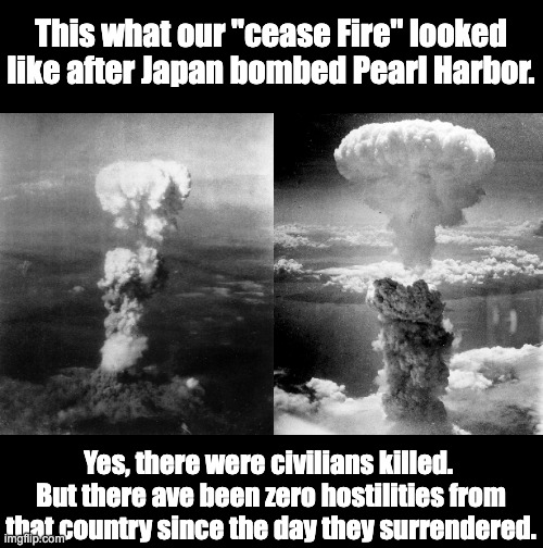 Don't attack a country if you can't take the retalliation | This what our "cease Fire" looked like after Japan bombed Pearl Harbor. Yes, there were civilians killed.  But there ave been zero hostilities from that country since the day they surrendered. | image tagged in israel | made w/ Imgflip meme maker