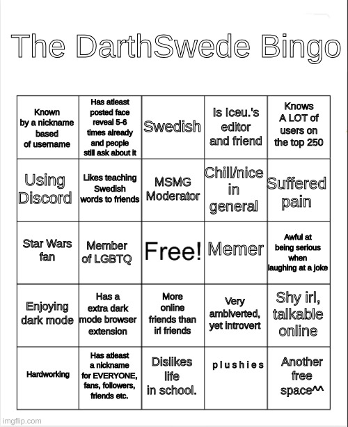 The DarthSwede Bingo Blank Meme Template