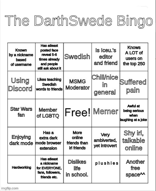 Goodluck with this Bingo! | image tagged in the darthswede bingo | made w/ Imgflip meme maker