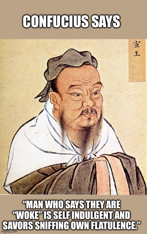 Yep | CONFUCIUS SAYS; “MAN WHO SAYS THEY ARE “WOKE” IS SELF INDULGENT AND SAVORS SNIFFING OWN FLATULENCE.” | image tagged in confucius says,democrats | made w/ Imgflip meme maker