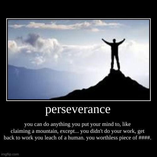 perceverance | perseverance | you can do anything you put your mind to, like claiming a mountain, except... you didn't do your work, get back to work you l | image tagged in funny,demotivationals | made w/ Imgflip demotivational maker