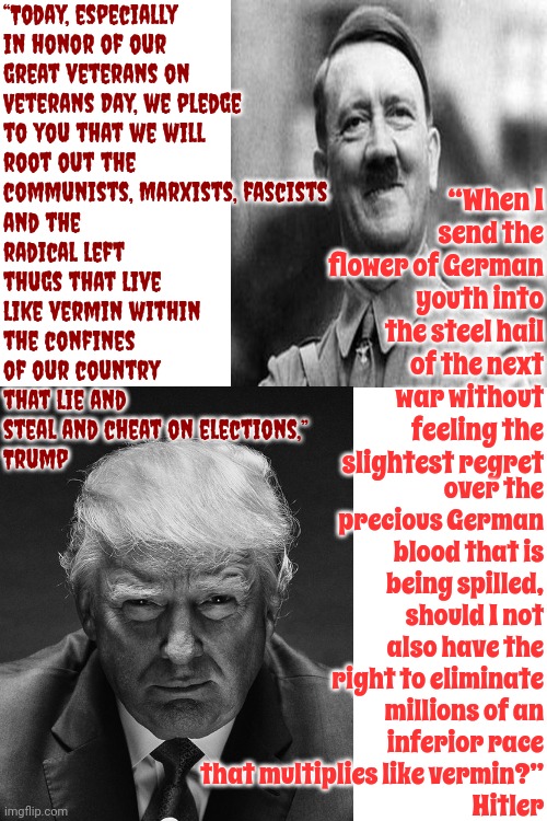 Mein Trump | “Today, especially in honor of our great veterans on Veterans Day, we pledge to you that we will root out the communists, Marxists, fascists; over the precious German blood that is being spilled, should I not also have the right to eliminate millions of an inferior race that multiplies like vermin?”
Hitler; “When I send the flower of German youth into the steel hail of the next war without feeling the slightest regret; and the radical left thugs that live like vermin within the confines of our country that lie and steal and cheat on elections,”
Trump | image tagged in scumbag trump,scumbag maga,scumbag republicans,scumbag nazis,lock him up,memes | made w/ Imgflip meme maker