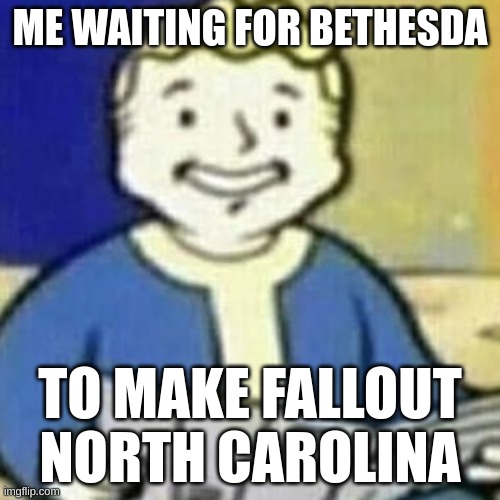 i'm from the tar heel state myself | ME WAITING FOR BETHESDA; TO MAKE FALLOUT NORTH CAROLINA | image tagged in vault boy newspaper | made w/ Imgflip meme maker