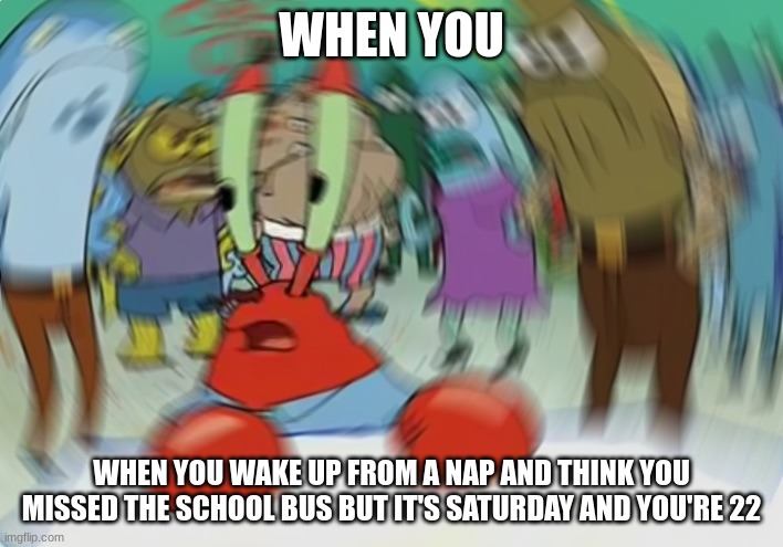 Mr Krabs Blur Meme | WHEN YOU; WHEN YOU WAKE UP FROM A NAP AND THINK YOU MISSED THE SCHOOL BUS BUT IT'S SATURDAY AND YOU'RE 22 | image tagged in memes,mr krabs blur meme | made w/ Imgflip meme maker