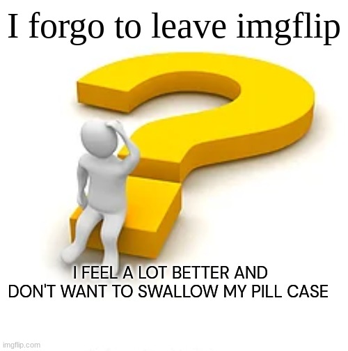 Man Sitting on Question Mark | I forgo to leave imgflip; I FEEL A LOT BETTER AND DON'T WANT TO SWALLOW MY PILL CASE | image tagged in man sitting on question mark | made w/ Imgflip meme maker