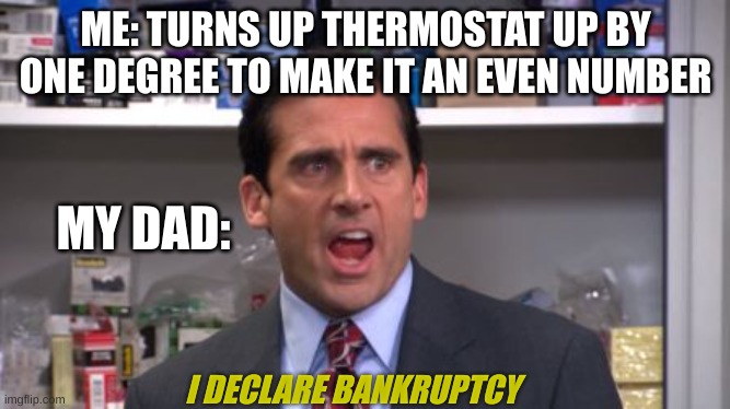Tell me I'm wrong | ME: TURNS UP THERMOSTAT UP BY ONE DEGREE TO MAKE IT AN EVEN NUMBER; MY DAD:; I DECLARE BANKRUPTCY | image tagged in the office bankruptcy,funny,relatable | made w/ Imgflip meme maker