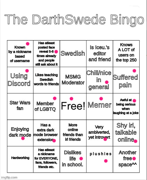 The DarthSwede Bingo | image tagged in the darthswede bingo | made w/ Imgflip meme maker