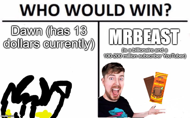 YouTuber Battles pt. 6 (MrBeast's Money Edtion) | Dawn (has 13 dollars currently); MRBEAST; (is a billionaire and a 100-200 million subscriber YouTuber) | image tagged in memes,who would win,youtubers,mrbeast | made w/ Imgflip meme maker