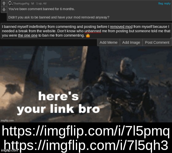 check img description, idk if I'm still comment banned or not | https://imgflip.com/i/7l5pmq
https://imgflip.com/i/7l5qh3 | image tagged in here's your link bro | made w/ Imgflip meme maker