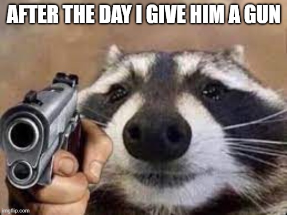 after the day i tell him to do crimes | AFTER THE DAY I GIVE HIM A GUN | image tagged in funny | made w/ Imgflip meme maker