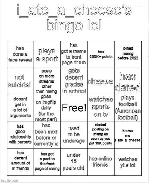 my bingo (making it a template) | i_ate_a_cheese's bingo lol; has got a meme to front page of fun; plays a sport; joined msmg before 2023; has done a face reveal; has 250K+ points; gets decent grades in school; posts on more streams other than msmg; has dated; not suicidal; cheese; goes on imgflip daily (for the most part); plays football (American football); watches sports on tv; doesnt get in a lot of arguments; started posting on msmg as soon as you got 10K points; has good relationship with parents; has been mod before or currently is; knows me (i_ate_a_cheese); used to be underage; has got a post to the front page of msmg; has decent amount of irl friends; under 15 years old; watches yt a lot; has online friends | image tagged in bingo | made w/ Imgflip meme maker