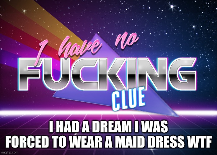 what the FRESH SQUIGGLY DIGGLY HELL | I HAD A DREAM I WAS FORCED TO WEAR A MAID DRESS WTF | image tagged in i have no fing clue | made w/ Imgflip meme maker