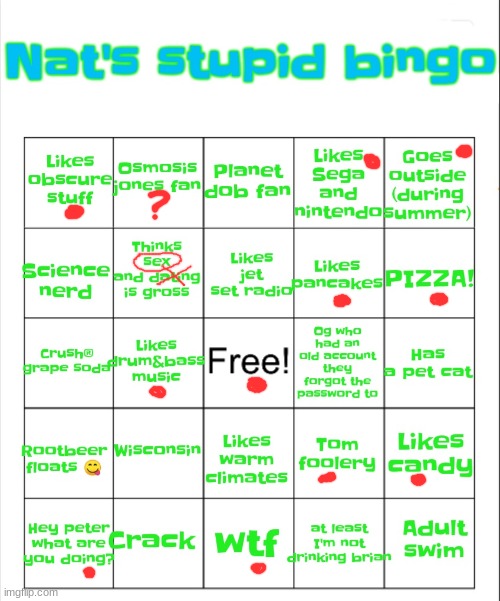 (please note that I circled s#x cus i'm highly uncomfortable with it) | image tagged in nat's stupid bingo | made w/ Imgflip meme maker