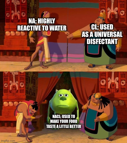 Science | NA; HIGHLY REACTIVE TO WATER; CL; USED AS A UNIVERSAL DISFECTANT; NACL; USED TO MAKE YOUR FOOD TASTE A LITTLE BETTER | image tagged in curtain reveal | made w/ Imgflip meme maker