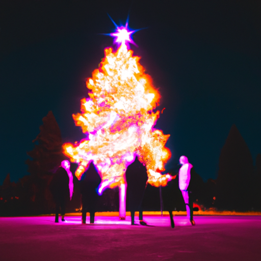 christmas tree on fire with 3 people around it Blank Meme Template