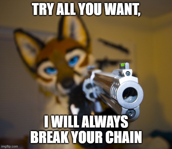 Furry with gun | TRY ALL YOU WANT, I WILL ALWAYS BREAK YOUR CHAIN | image tagged in furry with gun | made w/ Imgflip meme maker