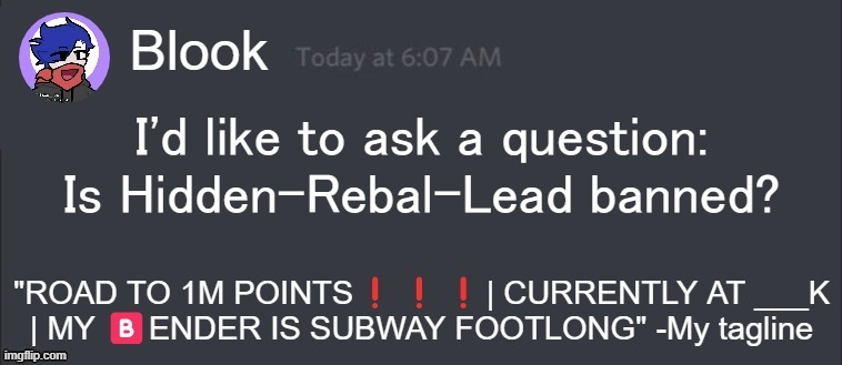 He's done some things, that's all I'll say. | I'd like to ask a question: Is Hidden-Rebal-Lead banned? | image tagged in blook message | made w/ Imgflip meme maker