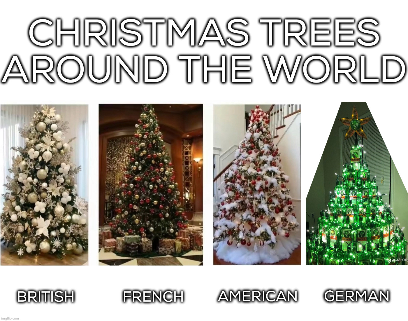 Christmas Trees | CHRISTMAS TREES AROUND THE WORLD; GERMAN; AMERICAN; BRITISH; FRENCH | image tagged in christmas,tree,christmas tree,germany | made w/ Imgflip meme maker
