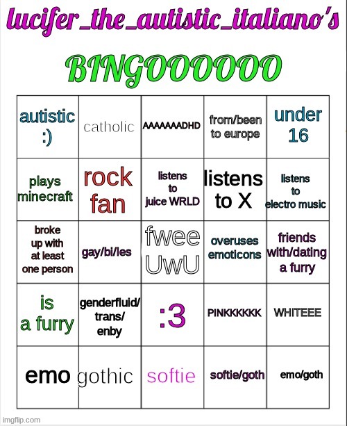 made a bingo! :D | image tagged in lucifer_the_italiano's bingo | made w/ Imgflip meme maker