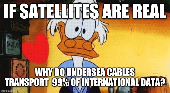 If Satellites Are Real…Why Do Undersea Cables Transport 99% of International Data? | IF SATELLITES ARE REAL; WHY DO UNDERSEA CABLES TRANSPORT  99% OF INTERNATIONAL DATA? | image tagged in donald duck questions,satellites,satellitesarefake,sataloons,fakesatellites,flatearth | made w/ Imgflip meme maker