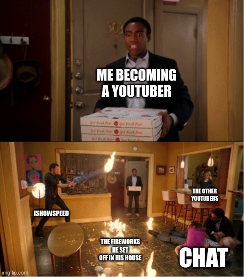 The things youtubers do for views | ME BECOMING A YOUTUBER; THE OTHER YOUTUBERS; ISHOWSPEED; THE FIREWORKS HE SET OFF IN HIS HOUSE; CHAT | image tagged in community fire pizza meme | made w/ Imgflip meme maker