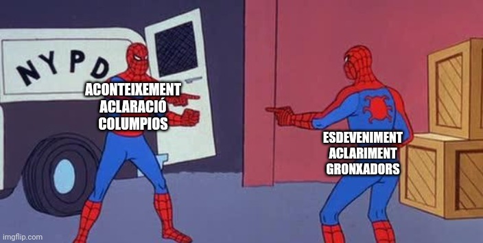 Spider Man Double | ACONTEIXEMENT
ACLARACIÓ
COLUMPIOS; ESDEVENIMENT
ACLARIMENT
GRONXADORS | image tagged in spider man double | made w/ Imgflip meme maker