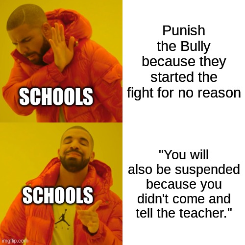 Bruh | Punish the Bully because they started the fight for no reason; SCHOOLS; "You will also be suspended because you didn't come and tell the teacher."; SCHOOLS | image tagged in memes,drake hotline bling,school,middle school | made w/ Imgflip meme maker