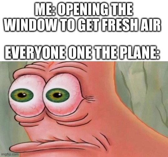 E | ME: OPENING THE WINDOW TO GET FRESH AIR; EVERYONE ONE THE PLANE: | image tagged in patrick staring meme | made w/ Imgflip meme maker