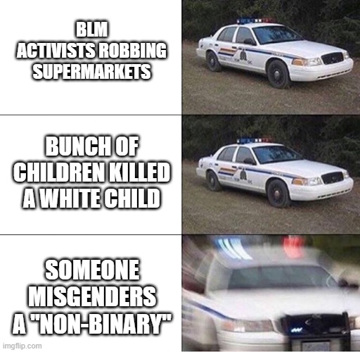 Mathematically every number can be written as binary | BLM ACTIVISTS ROBBING SUPERMARKETS; BUNCH OF CHILDREN KILLED A WHITE CHILD; SOMEONE MISGENDERS A "NON-BINARY" | image tagged in police car | made w/ Imgflip meme maker
