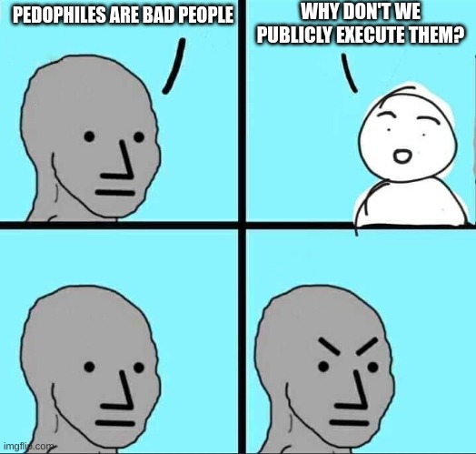 why can't we? | WHY DON'T WE PUBLICLY EXECUTE THEM? PEDOPHILES ARE BAD PEOPLE | image tagged in npc meme | made w/ Imgflip meme maker