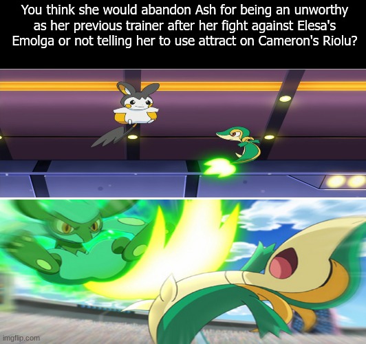 Ash's Snivy | You think she would abandon Ash for being an unworthy as her previous trainer after her fight against Elesa's Emolga or not telling her to use attract on Cameron's Riolu? | image tagged in memes,funny,pokemon,anime,pop culture | made w/ Imgflip meme maker