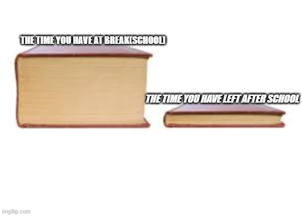 Can anyone relate to this? | THE TIME YOU HAVE AT BREAK(SCHOOL); THE TIME YOU HAVE LEFT AFTER SCHOOL | image tagged in big book and small book,fun,school,relatable | made w/ Imgflip meme maker