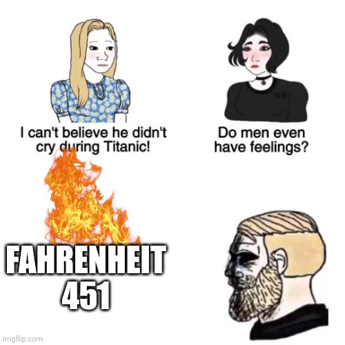 Bro if you a man, read F451 it's so good | FAHRENHEIT 451 | image tagged in books,crying,men | made w/ Imgflip meme maker