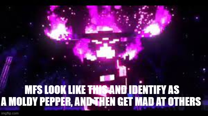 real final boss | MFS LOOK LIKE THIS AND IDENTIFY AS A MOLDY PEPPER, AND THEN GET MAD AT OTHERS | image tagged in real final boss | made w/ Imgflip meme maker