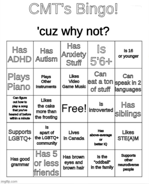 I've now made my bingo a template! | image tagged in cmt's bingo,bingo | made w/ Imgflip meme maker